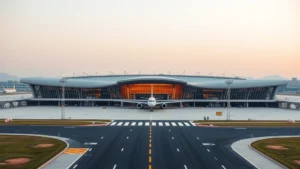 Pyongyang international airport terminal building with aircraft, modern architecture, clear daytime lighting, wide angle shot showing runway and taxiway infrastructure