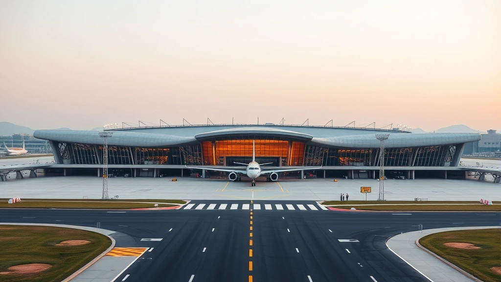Pyongyang international airport terminal building with aircraft, modern architecture, clear daytime lighting, wide angle shot showing runway and taxiway infrastructure