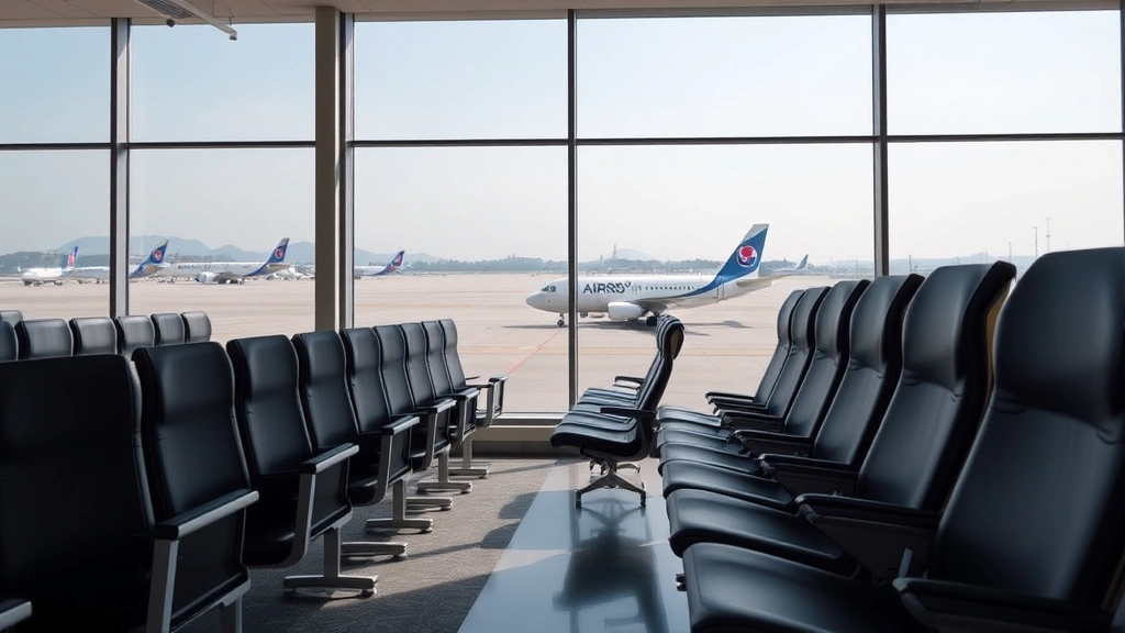 Sunan International Airport departure lounge interior, rows of seats, large windows overlooking tarmac, Air Koryo aircraft visible outside, professional travel environment
