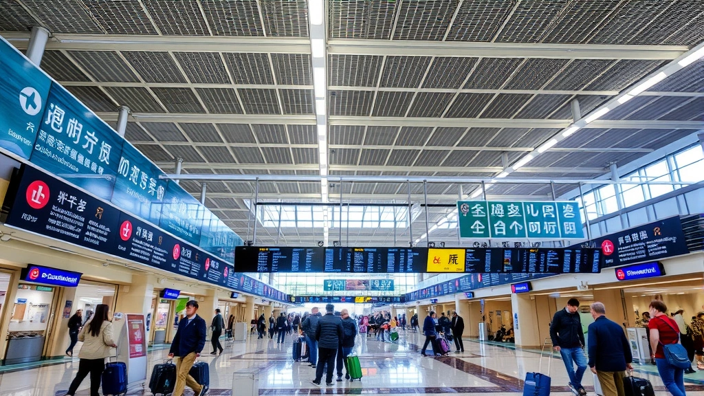 Beijing Capital Airport international terminal with departure boards, travelers with luggage, modern Asian airport architecture, bright indoor lighting, bustling travel scene