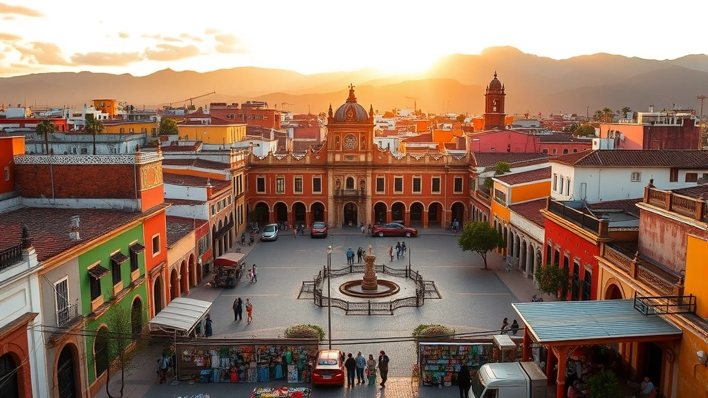 Vibrant Oaxaca City colonial architecture with colorful buildings and a central plaza, golden hour sunlight, street vendors with traditional crafts visible, mountainous backdrop
