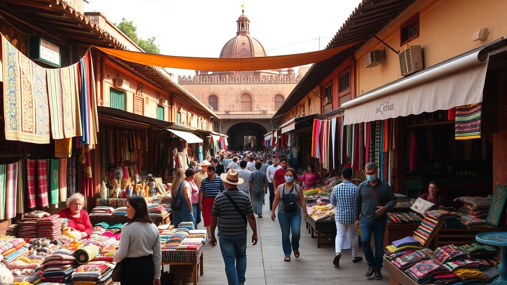 Oaxaca Central Market (Central de Abastos) bustling with activity, traditional textiles, indigenous crafts, local vendors, rich colors and cultural energy, natural daylight