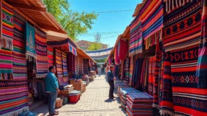 Colorful traditional Oaxacan textile market with indigenous vendors selling handwoven blankets and authentic crafts under bright sunlight, vibrant indigenous patterns visible