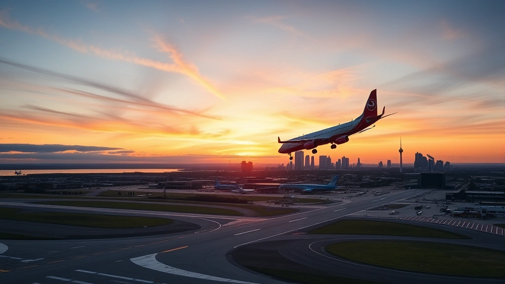 Aerial view of Boston Logan Airport with aircraft taking off at sunrise, city skyline visible in background, photorealistic, no text