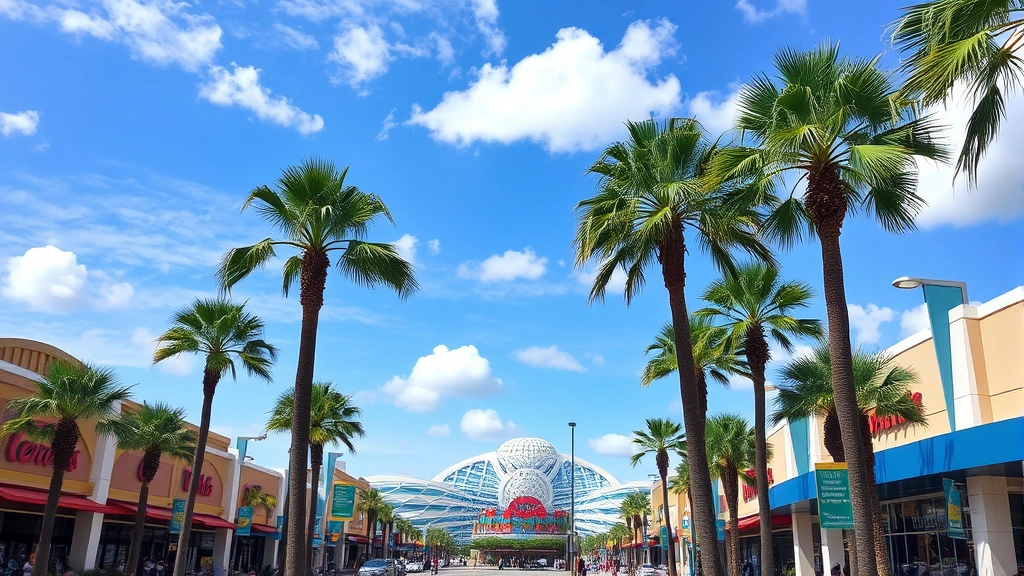 Vibrant Orlando theme park area with palm trees, blue sky, and modern attractions visible in distance, daytime photography, no signage visible