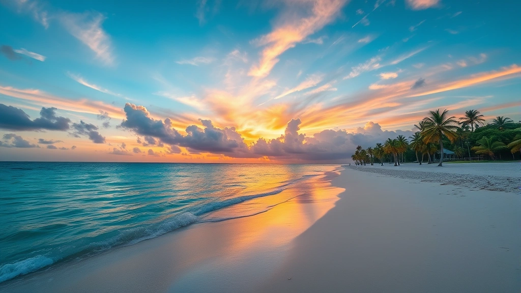 Southwest Florida beach with crystal clear turquoise water, white sand, palm trees, and dramatic sunset sky, tropical vacation scene, no text or people
