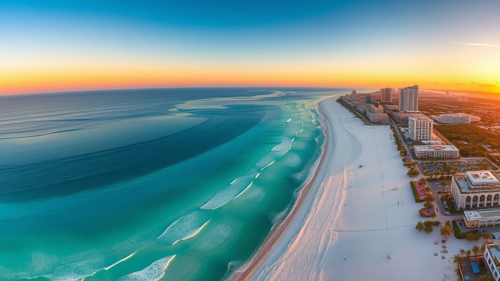 Aerial panoramic view of Panama City Beach with pristine white sand, turquoise water, and beachfront hotels at sunset, photorealistic travel photography