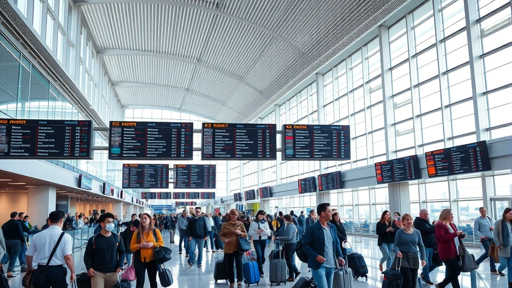 Busy airport terminal interior with departure boards, travelers with luggage, modern architecture, natural lighting from large windows, bustling travel scene