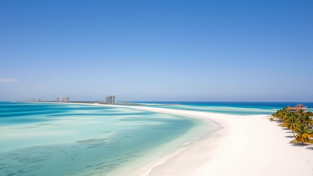 Coastal landscape showing Panama City Beach with emerald gulf waters, white sandy beach, palm trees, clear blue sky, vacation destination scenery
