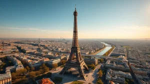 Aerial view of the Eiffel Tower at golden hour with Paris cityscape sprawling beneath, showcasing the Seine River winding through the city, bright sunny day with clear blue sky and minimal clouds, photorealistic travel photography