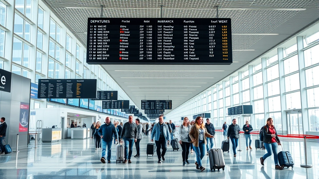 Busy airport terminal with departure boards displaying flight information, travelers with luggage walking through modern airport corridor with natural lighting, multiple airlines represented, bustling international travel atmosphere