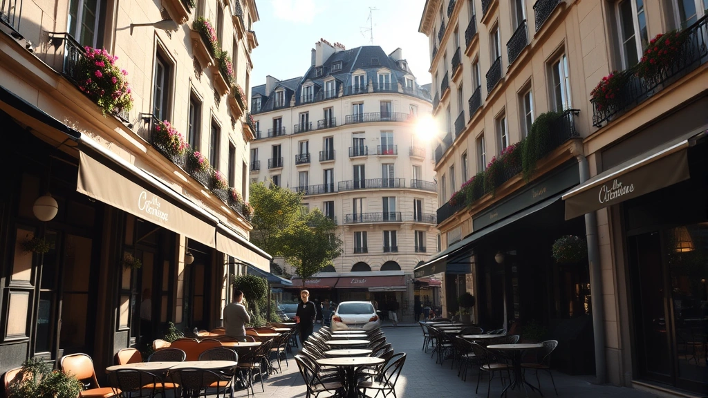 Scenic view of Parisian street cafe with bistro tables outside, classic Haussmann architecture in background, afternoon sunlight casting long shadows, flower boxes on building facades, romantic European destination aesthetic