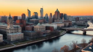 Aerial view of Philadelphia skyline with historic buildings and modern skyscrapers reflecting in Schuylkill River at golden hour, no text or street signs visible, photorealistic travel photography
