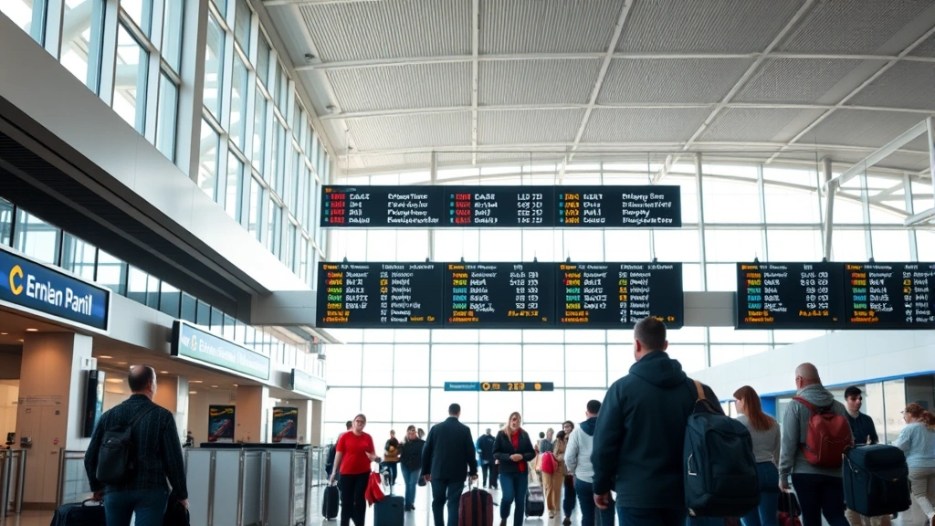 Interior of modern airport terminal with departure board, travelers with luggage, natural light from windows, bustling but clear, no readable text on signage, professional travel photography