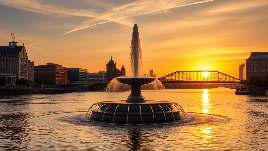 Pittsburgh's Point State Park fountain at sunset with historic bridges and riverfront buildings, golden light reflecting on water, scenic destination view, no signage or text visible, photorealistic