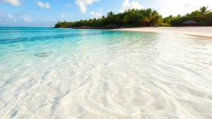 Turquoise Caribbean waters meeting white sand beach in Playa del Carmen, Mexico, crystal clear shallow water with tropical vegetation in background, golden hour sunlight, photorealistic travel destination photography