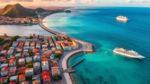 Aerial view of San Juan, Puerto Rico coastline with turquoise Caribbean waters, colorful colonial buildings in Old San Juan, cruise ships in harbor, vibrant tropical landscape, golden hour sunset lighting
