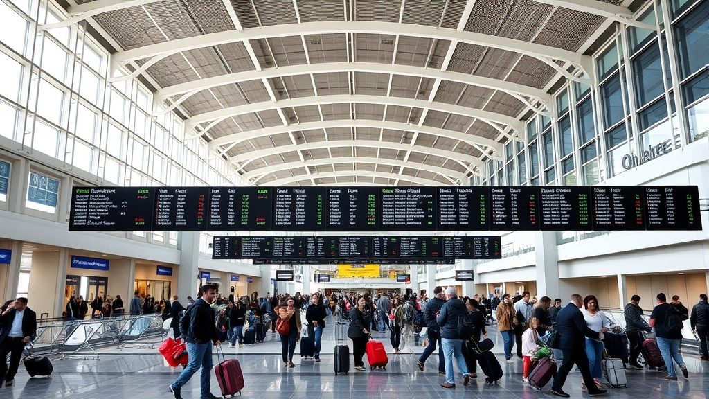 Chicago O'Hare International Airport terminal interior with modern architecture, travelers with luggage, departure boards, natural light through large windows, busy but organized gate areas
