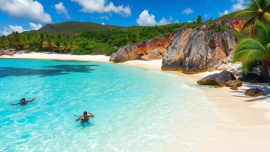 Puerto Rico beach scene with pristine white sand, palm trees, crystal clear turquoise water, snorkelers and swimmers, dramatic coastal cliffs, lush vegetation, tropical paradise atmosphere, daytime