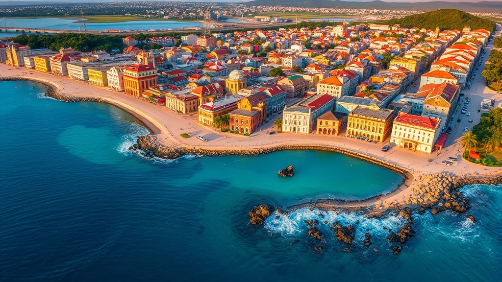 Aerial view of San Juan coastline with colorful historic buildings and turquoise Caribbean waters, vibrant architecture visible from above, golden hour lighting