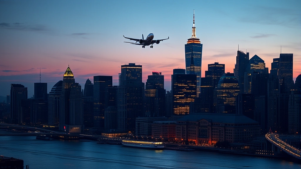 Bustling New York City skyline at dusk with Manhattan skyscrapers illuminated, Hudson River reflecting city lights, commercial aircraft approaching landing