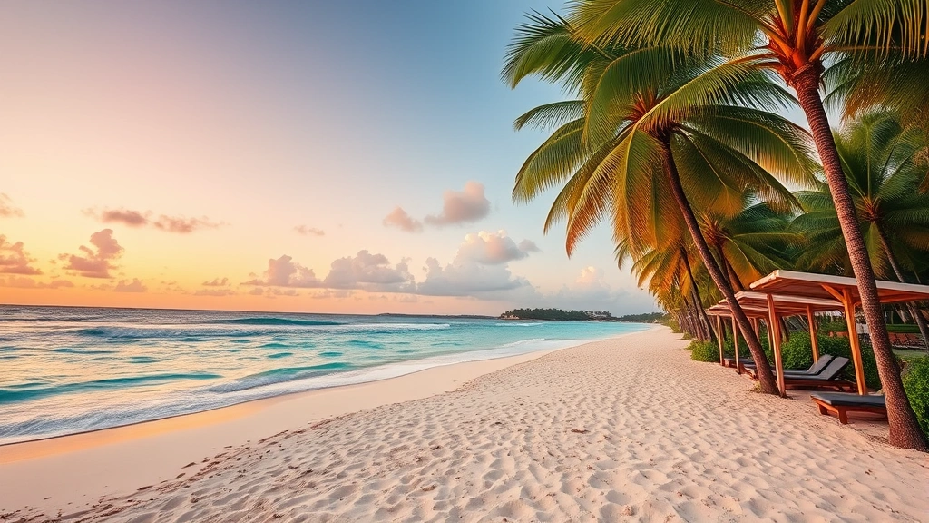 Tropical Puerto Rico beach scene with pristine white sand, palm trees, crystal clear turquoise water, local beach umbrellas, sunset sky with warm orange tones