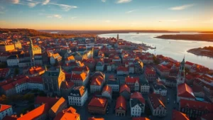 Aerial view of Quebec City's Old City with St. Lawrence River at golden hour, featuring historic buildings and red roofs, photorealistic landscape photography