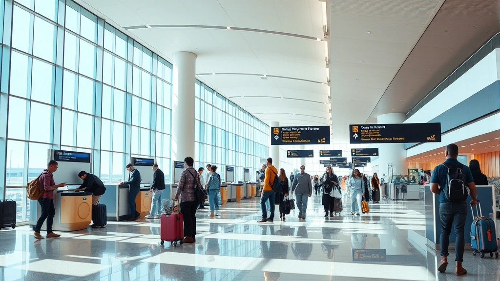 Modern airport terminal interior with travelers checking in at counters, bright natural lighting, contemporary architecture, professional travel photography