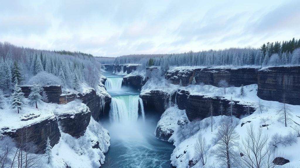 Montmorency Falls winter landscape with snow-covered surroundings and frozen cascades, dramatic natural scenery near Quebec City, photorealistic nature photography
