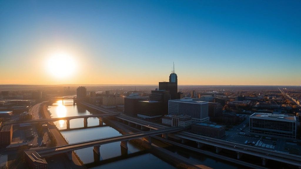 Aerial sunrise view of Rochester New York skyline with Genesee River winding through downtown, morning light casting long shadows across buildings and bridges, clear blue sky