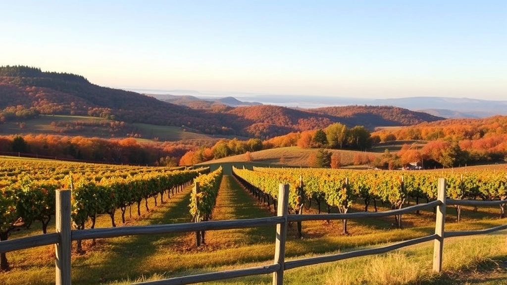 Scenic Finger Lakes wine region vineyard landscape with rows of grapevines on rolling hills, autumn foliage in background, rustic wooden fence in foreground, golden afternoon light
