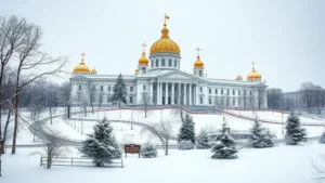 Snow-covered St. Petersburg palace with golden domes and winter landscape, photorealistic, no text, travel photography style