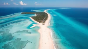 Aerial view of Sal Island's turquoise beaches and white sand coastline with Atlantic Ocean, tropical paradise destination, vibrant blue water, photorealistic daytime shot