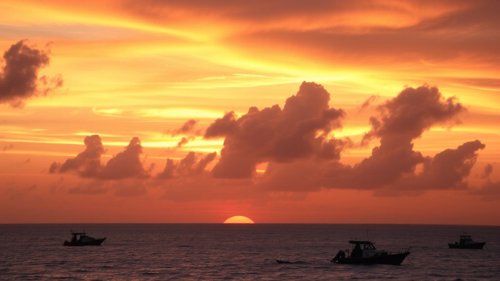 Sunset over Cape Verde ocean with fishing boats silhouetted against orange and pink sky, dramatic clouds, golden hour lighting, peaceful island evening scene