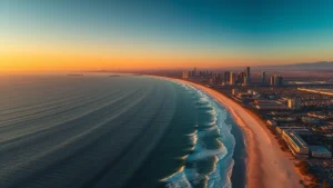 Aerial view of San Diego coastline with Pacific Ocean, Mission Beach and downtown skyline visible, golden hour sunset lighting, photorealistic drone photography