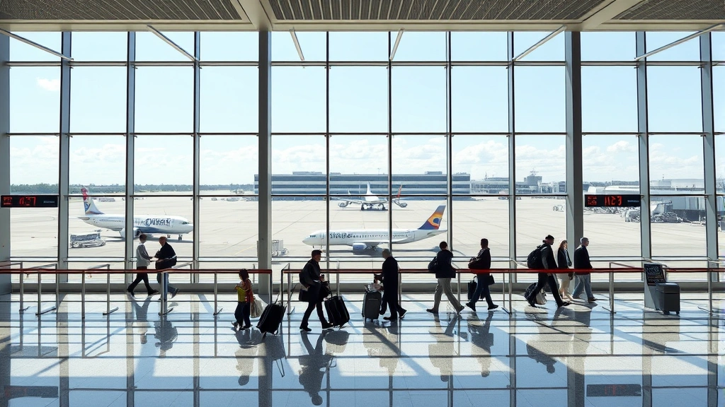 Modern Chicago O'Hare airport terminal interior with travelers at gate, large windows showing aircraft on tarmac, bright natural lighting, contemporary architecture
