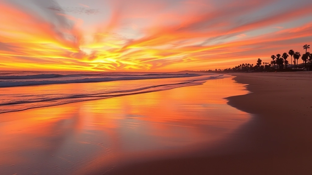 San Diego beach scene at sunset with golden sand, gentle waves, palm trees silhouetted, colorful sky reflecting on wet sand, no people visible