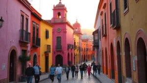 Colorful colonial architecture of San Miguel de Allende with pink and yellow buildings, cobblestone streets, tourists exploring narrow alleys, golden hour light, vibrant Mexican town center