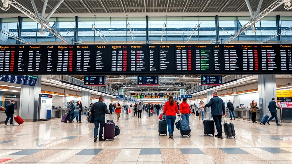 Interior of modern airport terminal with digital flight information displays, travelers with luggage at check-in counters, bright modern lighting, international airport atmosphere