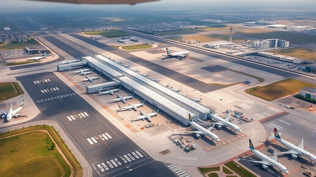 Aerial view of Bajío International Airport León Mexico with aircraft parked at gates, runway, surrounding landscape, modern airport infrastructure, bird's eye perspective