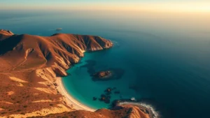 Aerial view of Santa Catalina Island with turquoise water, sandy beaches, and rocky cliffs, golden hour lighting, photorealistic landscape photography