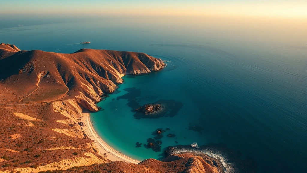 Aerial view of Santa Catalina Island with turquoise water, sandy beaches, and rocky cliffs, golden hour lighting, photorealistic landscape photography