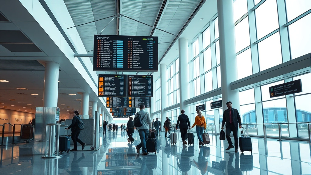 Modern airport terminal interior with departure boards and natural light, travelers with luggage, clean architectural design, photorealistic travel photography