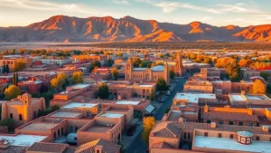 Aerial view of Santa Fe's historic downtown with distinctive adobe architecture, terracotta roofs, and mountain backdrop, golden hour lighting, vibrant autumn colors, no text