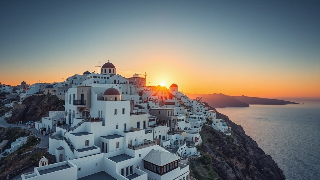 Aerial view of Santorini's iconic white-washed buildings cascading down blue cliffs overlooking the Aegean Sea at golden hour sunset, photorealistic travel photography