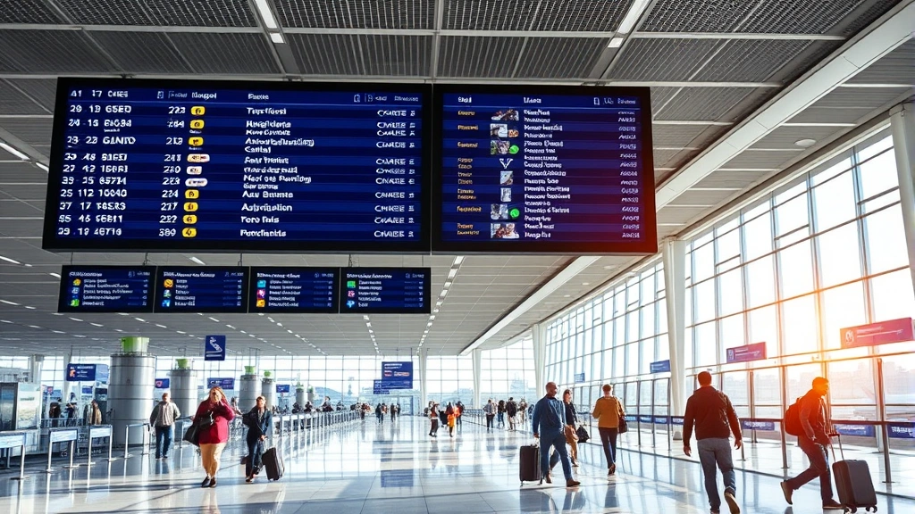 Modern airport terminal interior with departure board displaying European flight destinations, travelers with luggage, bright natural lighting, professional travel photography style