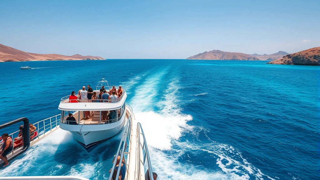 Scenic Mediterranean ferry boat sailing between Greek islands with turquoise water and distant island silhouettes, passengers on deck enjoying ocean views, photorealistic travel scene