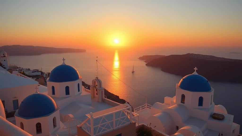 Sunset over white-washed buildings and blue domes in Santorini, Greece, overlooking the caldera with sailboats on turquoise water