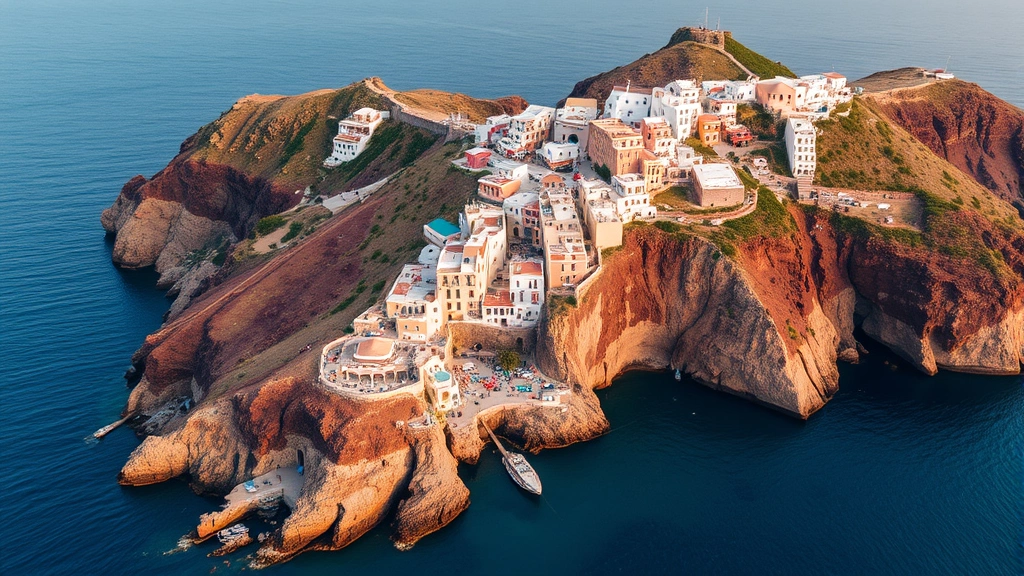 Aerial view of Santorini's volcanic coastline with colorful fishing villages nestled on cliff edges, Mediterranean Sea below