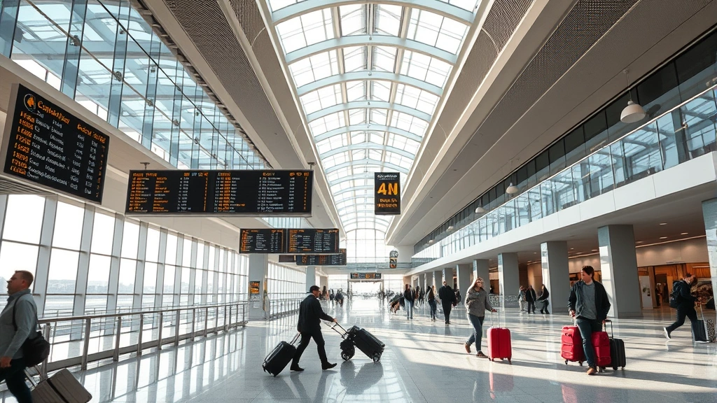 Interior of a modern airport terminal with departure boards and travelers with luggage, modern glass architecture and natural lighting